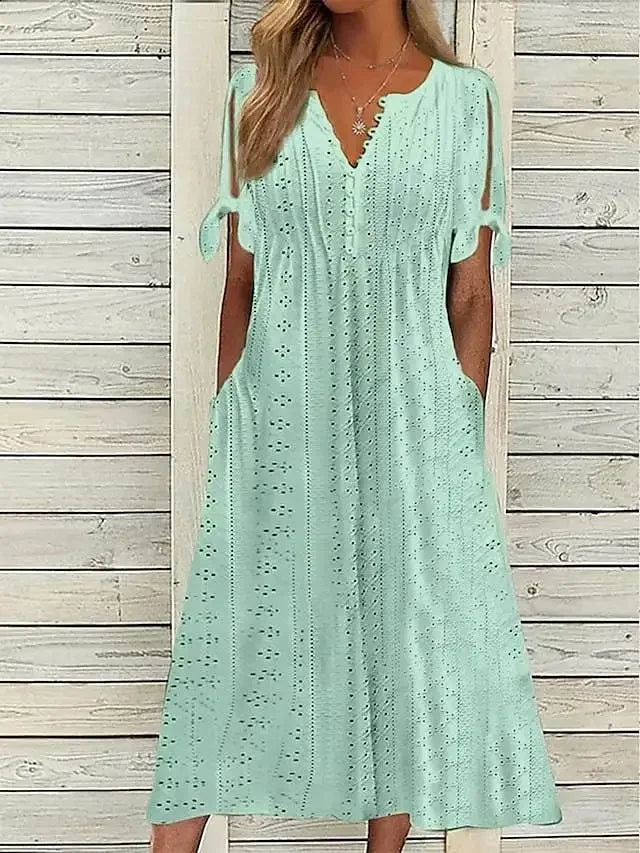 Vestido de Renda Jana - Gola em V de Manga Curta (Verão 2026)
