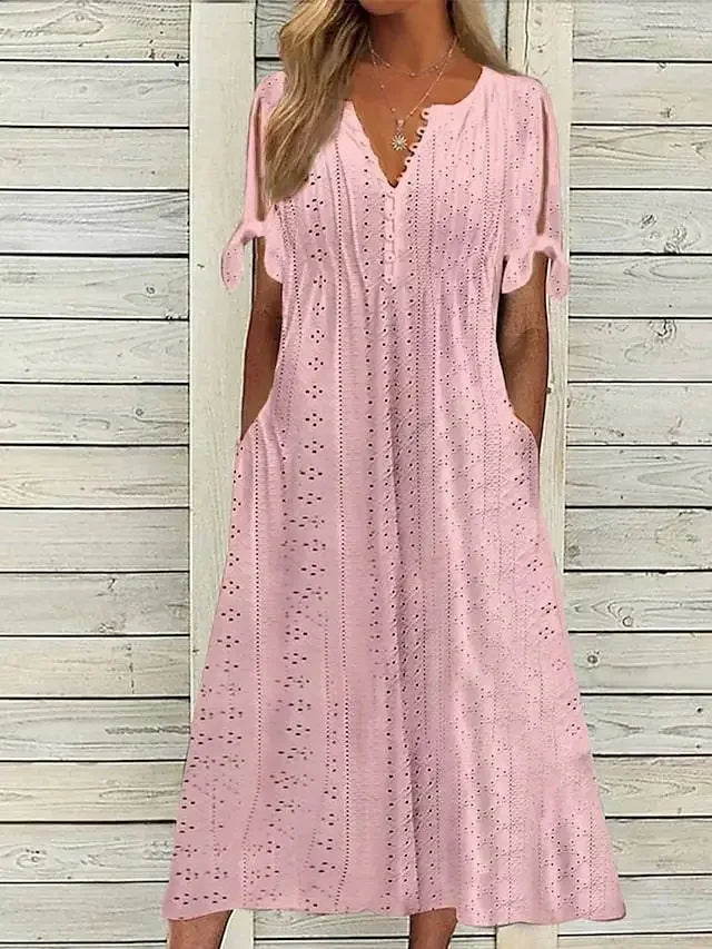 Vestido de Renda Jana - Gola em V de Manga Curta (Verão 2026)