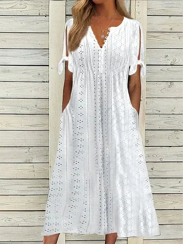 Vestido de Renda Jana - Gola em V de Manga Curta (Verão 2026)